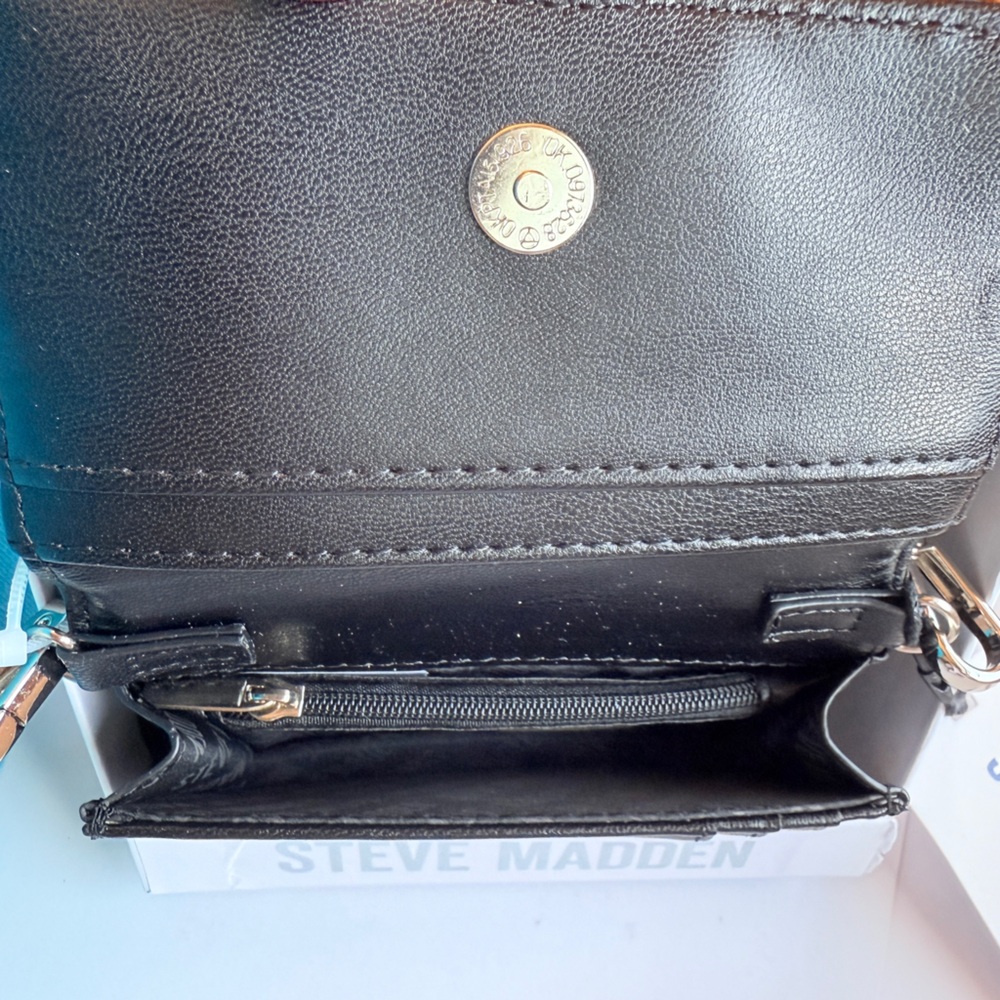 Steve Madden Black Quilted Crossbody Mini-Bag wallet Clutch Chain Strap Box NWT - Picture 4 of 7